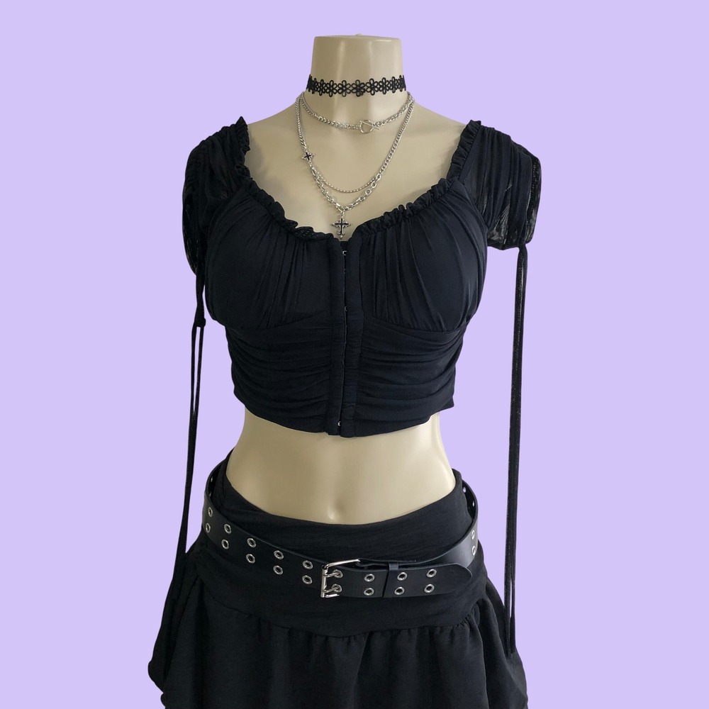 ASA Black Mesh Ruched Corset Milkmaid Crop Top Hook Eye Whimsigoth Goth Womens L